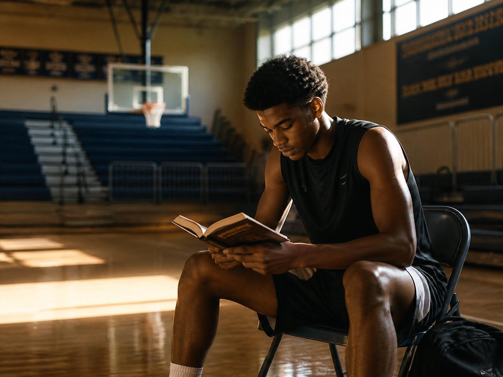 Young athlete reading a book in an empty gym