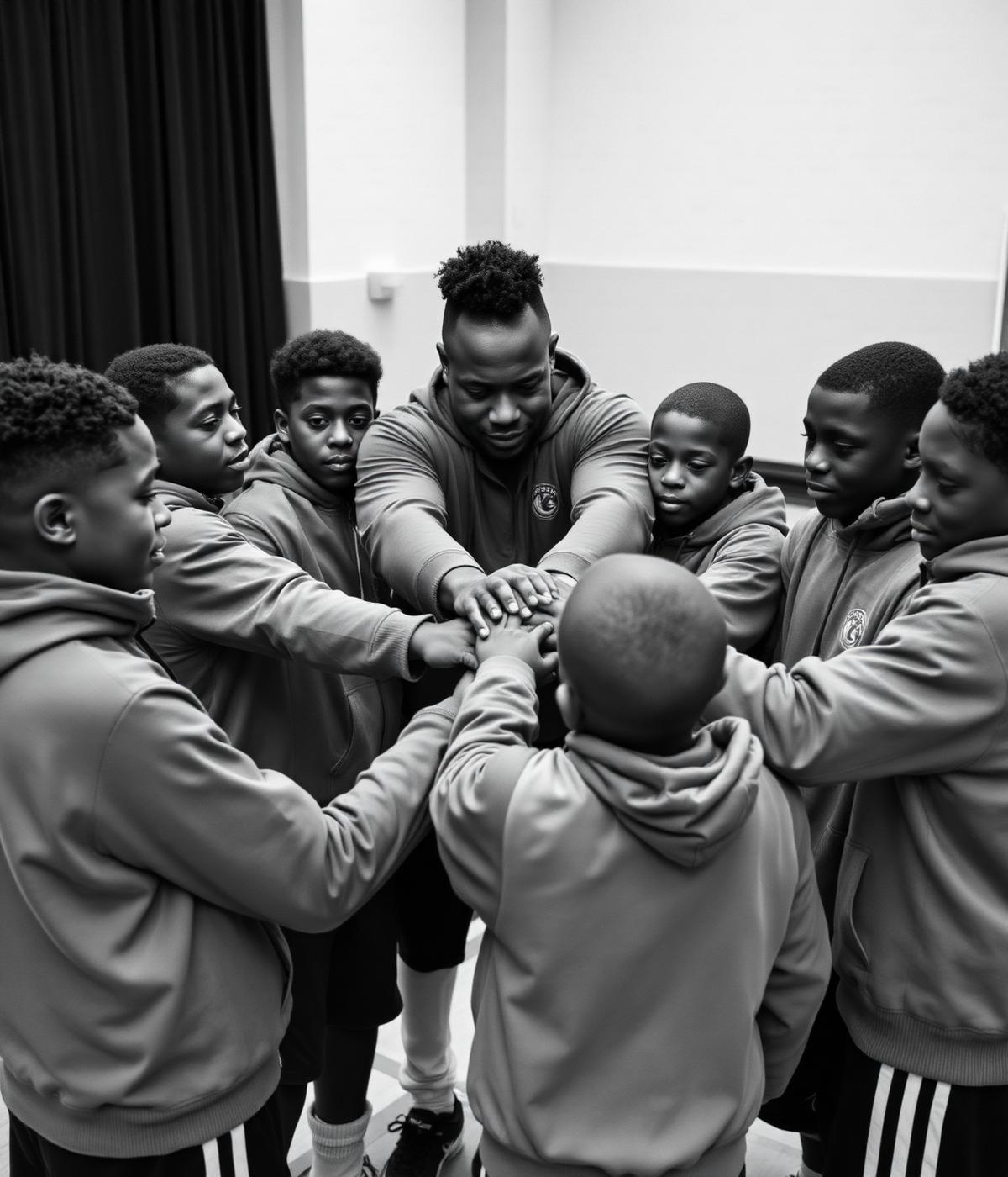 Coach and athletes in huddle