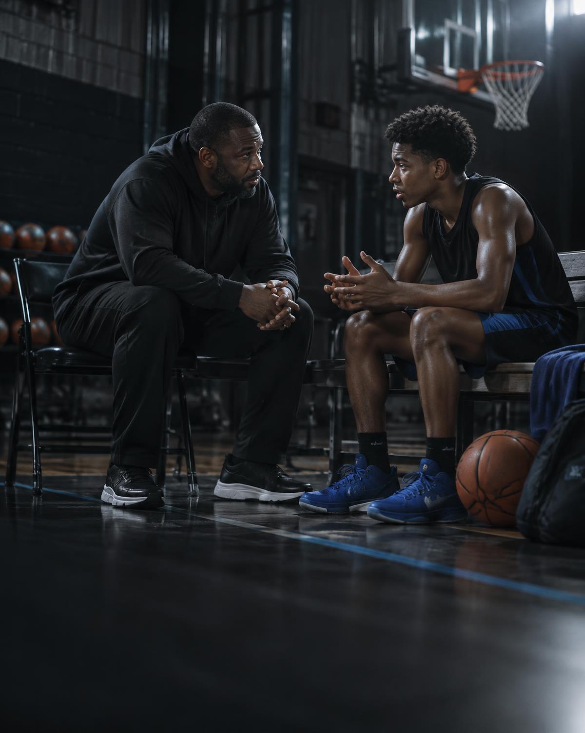 Coach mentoring a young basketball athlete after practice