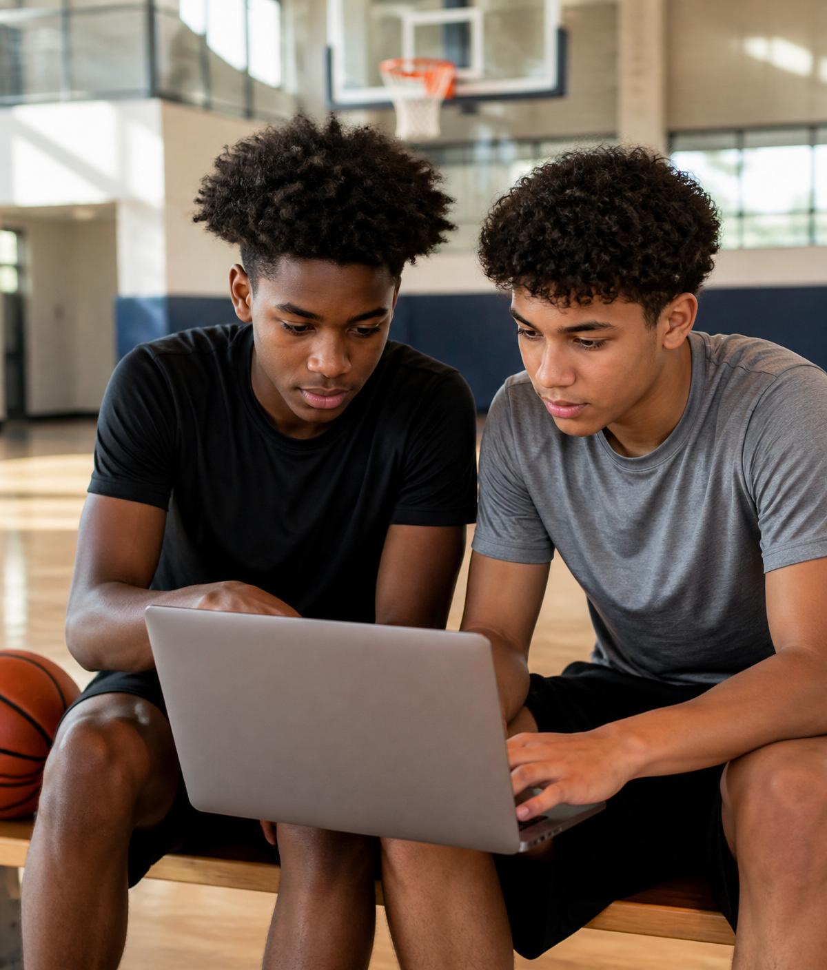 Two student athletes collaborating on a laptop in a gym
