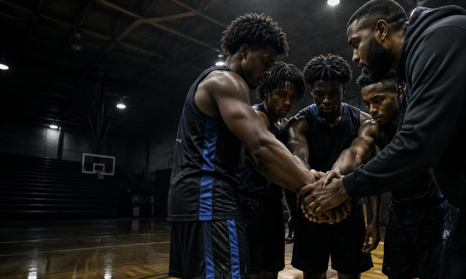 Young Black basketball athletes and their coach joining hands in a team huddle